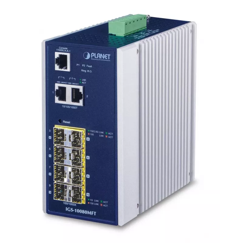 Hallatav võrgukommutaator PLANET IGS-10080MFT — 2 x Gigabit RJ-45, 8 x SFP, 12–48V DC, hallatav, IP30
