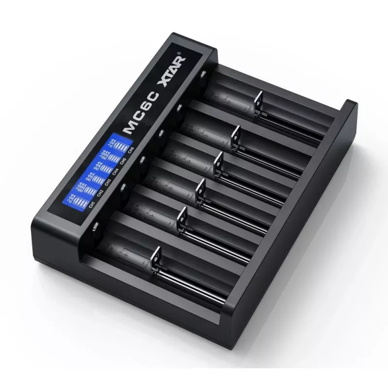 Akulaadija XTAR MC6C mitmepesaline nutilaadija silindrilistele liitium-ioon akudele, 6 pesa, toetab 18650/21700/AA, 5V sisend, must