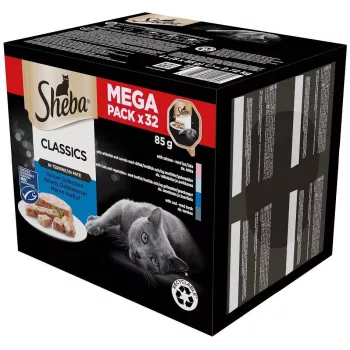 Märg kassitoit kandikud Sheba Pate — valge kala / kala / lõhe / tuunikala, 32 × 85 g, 10% valku, 81% niiskust