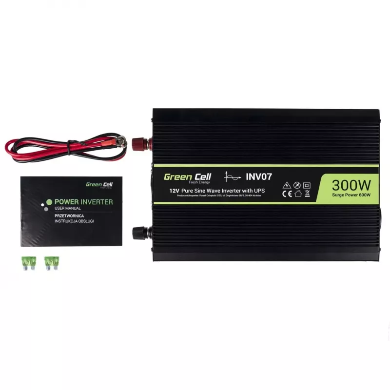 Toiteinverter roheline Cell INV07, alalisvool 12 V vahelduvvoolule 230 V, 300 W, 50 Hz, C-tüüpi pistik, must