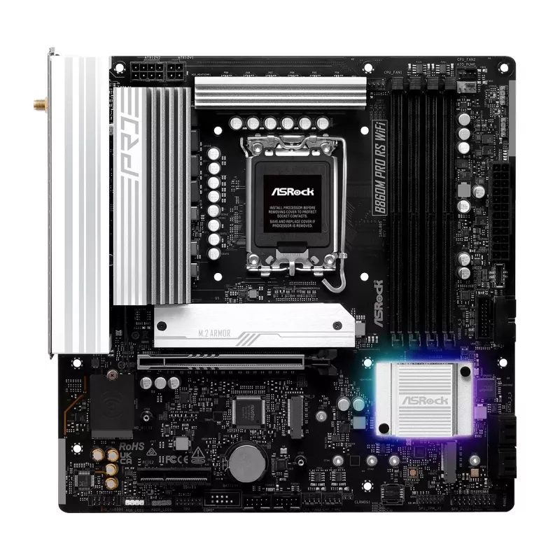 Emaplaat ASRock B860M Pro RS WiFi — Intel B860, LGA 1851, micro ATX, DDR5, 4 DIMM, 3x M.2, 2.5Gb LAN, Wi‑Fi, Bluetooth