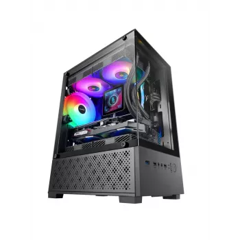 Mini Tower PC korpus TACENS Mars Gaming MC-SE2 — Mini-ITX / Micro-ATX, must, külgaken, alumine toiteplokk, toetab 2x2,5 tolli + 1x3,5 tolli