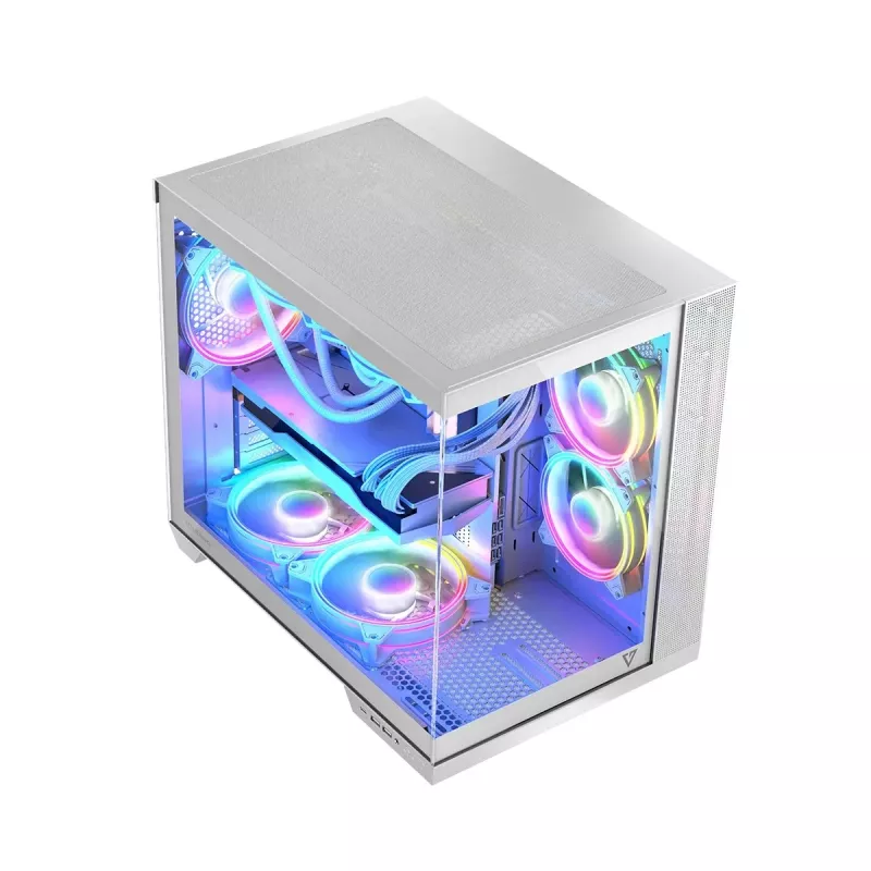 PC korpus MODECOM Volcano Panorama Midi Tower valge — micro ATX, karastatud klaas, ARGB, USB-C, toetab GPU-d 400 mm