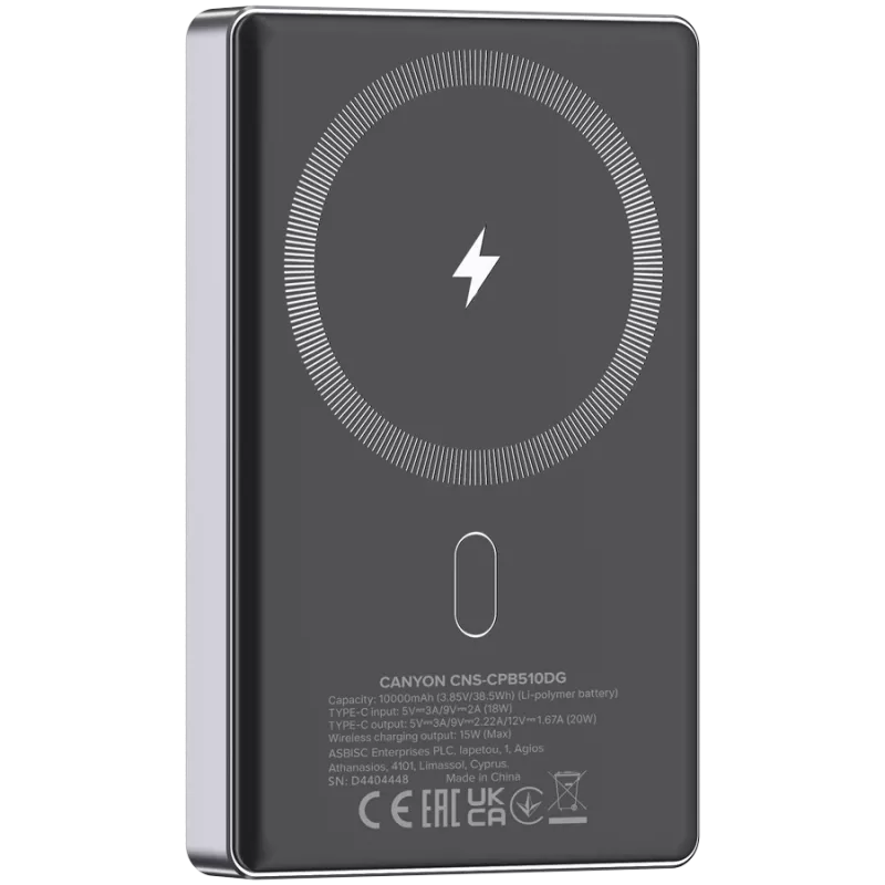 Canyon OnCharge 510 - Powerbank - 10.000 mAh - USB-C sisend - USB-C PD 20W väljund + juhtmevaba magnetlaadimine