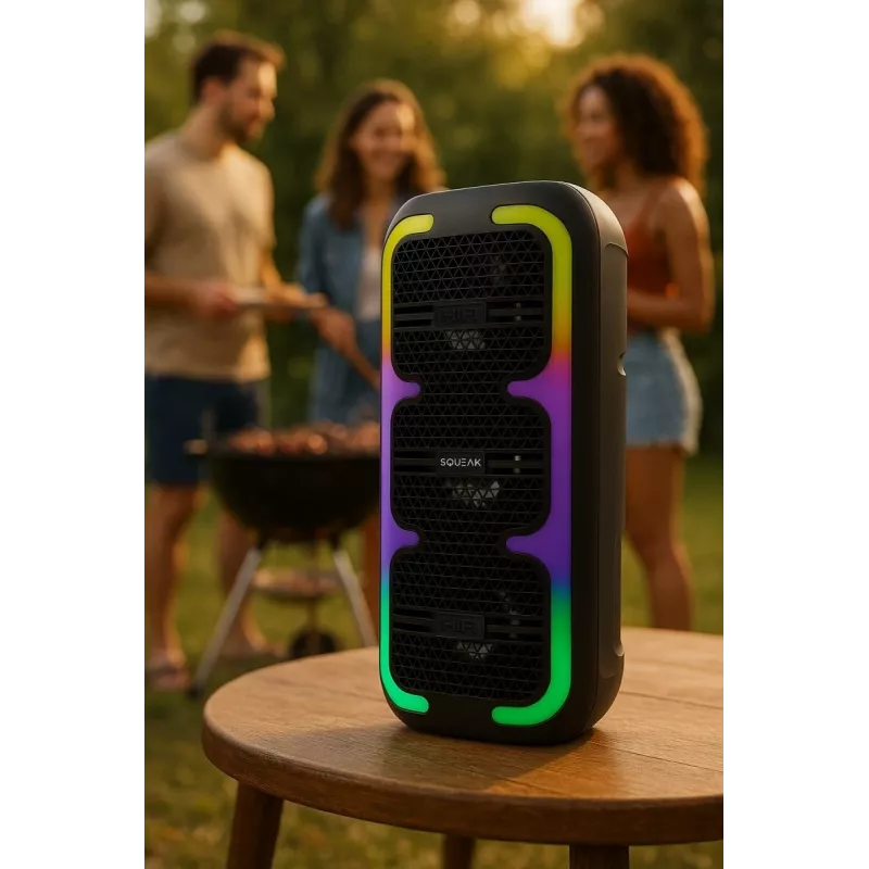 Kaasaskantav stereokõlar SQUEAK SQ1009 — Bluetooth 5.3, 45W RMS, 10 h aku, FM, USB, AUX, LED, 1800 mAh, must