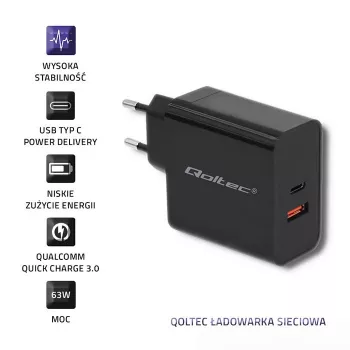 Toiteadapter QOLTEC 51716 — vahelduvvool 220–240 V kuni 20 V 3 A (63 W), must, siseruumides kasutatav universaalne laadija