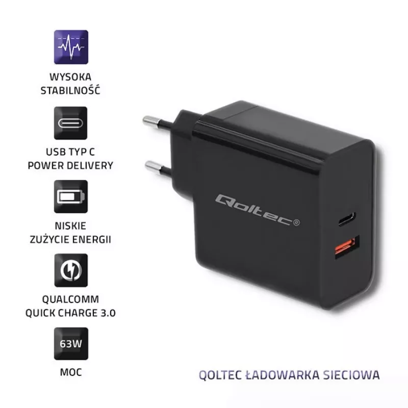 Toiteadapter QOLTEC 51716 — vahelduvvool 220–240 V kuni 20 V 3 A (63 W), must, siseruumides kasutatav universaalne laadija