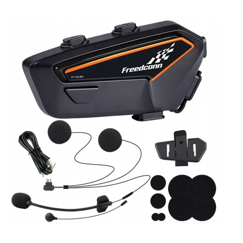 Peakomplekt FreedConn F1 V2 EU — Bluetooth 5.2, IP65, 1100 mAh aku, kuni 48 h kõneaeg, FM-raadio, mikrofon, klamber