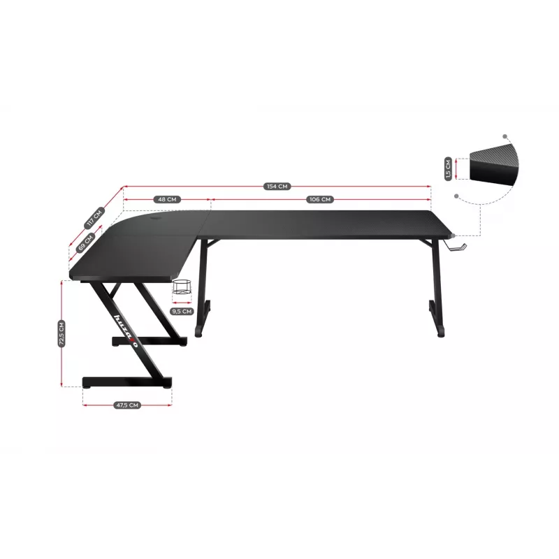 Nurgalaud Huzaro Hero 7.0 Must — nurgalaud, süsinikkiust plaat 1540×1170×725 mm, alumiiniumraam, plaadi paksus 1,5 cm
