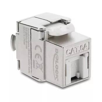 Keystone-moodul DELOCK RJ45 LSA-le Cat.6A varjestatud, tööriistavaba, lame, hõbe/valge, tolmukaitsekorgiga