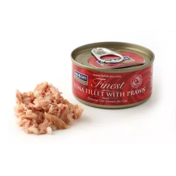 Märg kassitoit FISH4DOGS Tuunikala filee krevettidega 70 g — konserveeritud märgtoit, 83% niiskust, 14% valku, gluteeni- ja sojavaba