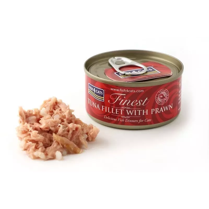 Märg kassitoit FISH4DOGS Tuunikala filee krevettidega 70 g — konserveeritud märgtoit, 83% niiskust, 14% valku, gluteeni- ja sojavaba