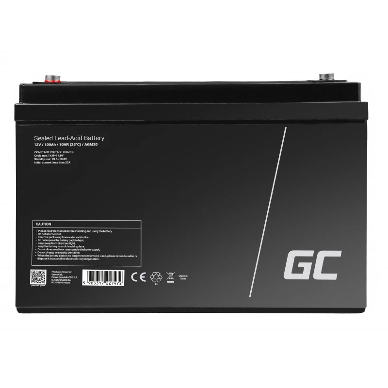 Sõiduki/Mere puhkeaku roheline Cell AGM30 12 V 100 Ah suletud pliiaku (VRLA), hooldusvaba, 171×214×330 mm