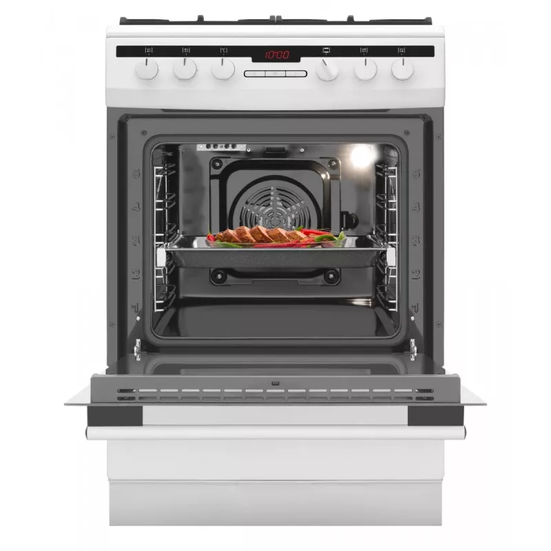 Vabaltseisev pliit AMICA 617GEH3.33HZpTaDpA(W) PIZZA — gaasipliit 4 tsooniga, elektriahi 65 L, elektrooniline taimer, valge