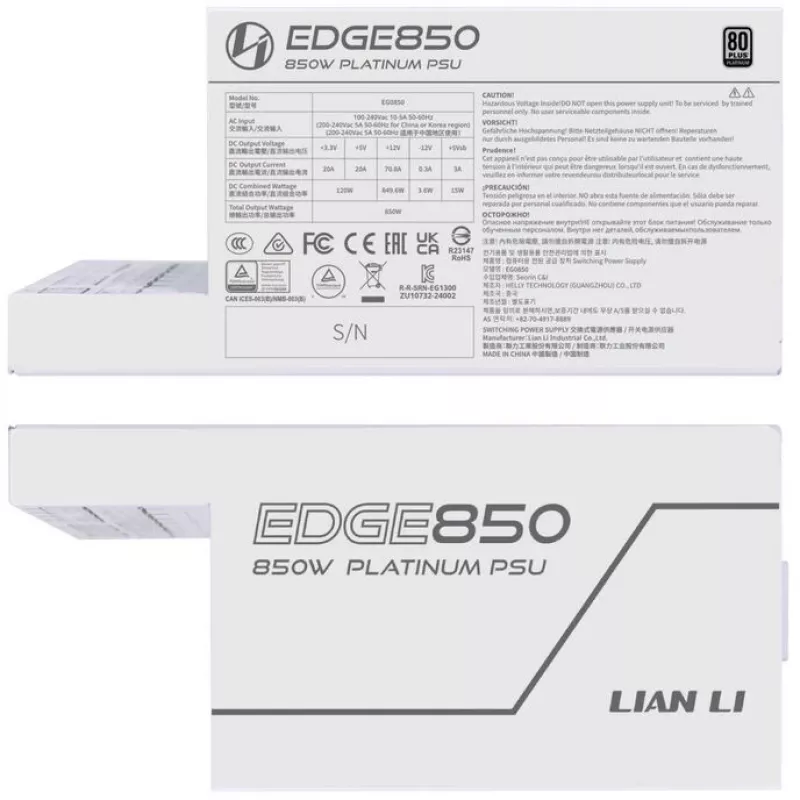 Toiteplokk Lian Li EG0850 850 W SFX, 20-pin ATX, 80 PLUS Gold, valge