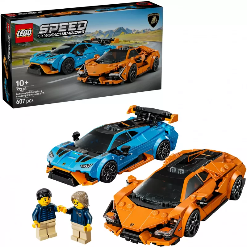 LEGO Speed Champions komplekt 77238 — Lamborghini Revuelto ja Huracán STO ehitusmänguasi, 607 osa, 2 minifiguuri, soovituslik vanus 10+