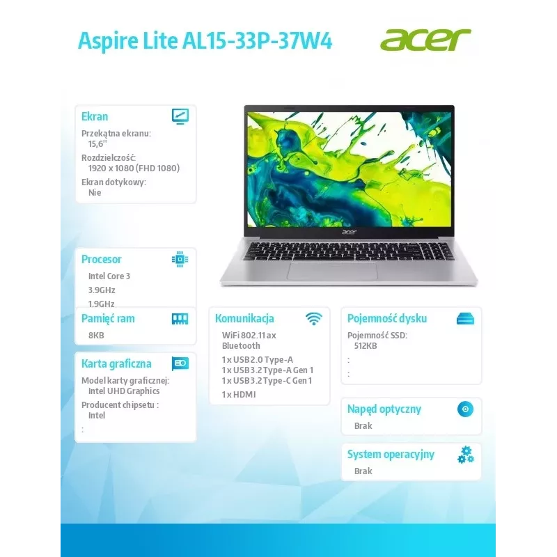 Sülearvuti Acer Aspire Lite Core i3 N355, 15,6-tolline ekraan, 8GB muutmälu, 512GB SSD, ilma opsüsteemita