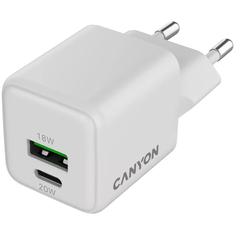 Canyon Laadija CU20AC GaN 20W PD, 2-pordiline (USB-A/USB-C) WH jaemüük (CNS-CUW20AC)