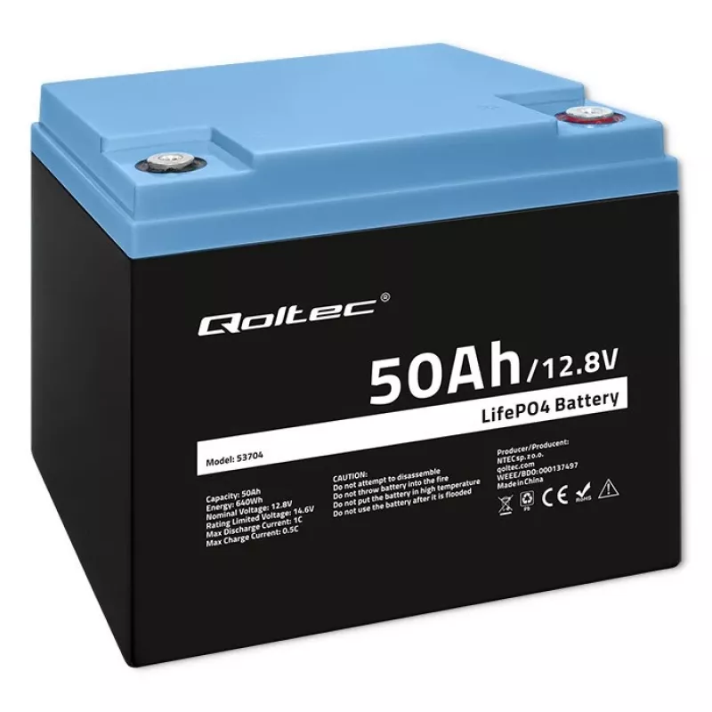 LiFePO4 aku QOLTEC 12,8 V 50 Ah (mudel 53704) varutoiteks ja energia salvestamiseks