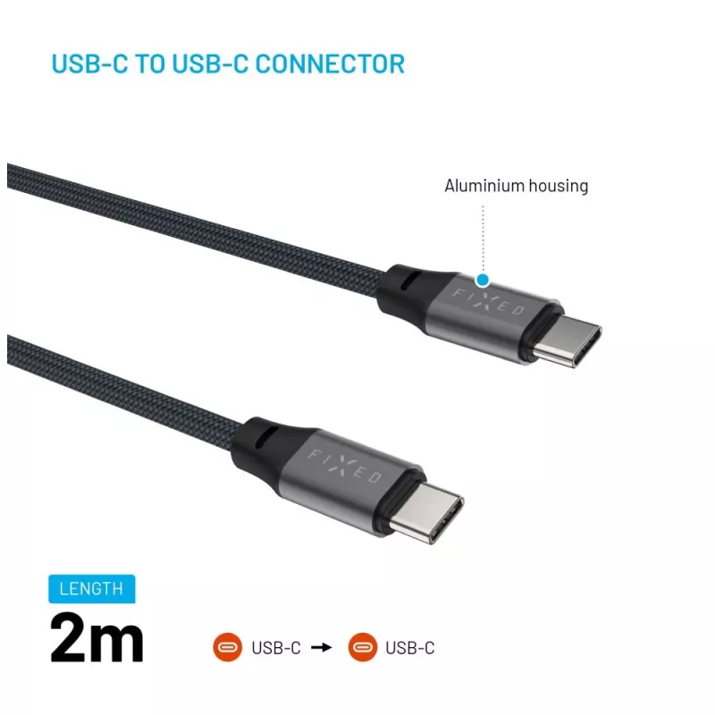Magnetiline põimitud USB-C kuni USB-C kaabel FIXED FIXDBM-CC2-GR, USB 2.0, põimitud ümbris, fikseeritud pikkus, hall