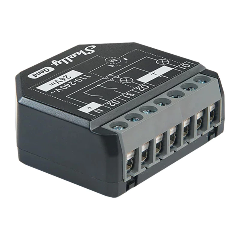 Shelly 2PM Gen4 ruloo- ja aknaluugi ajam 2 kanaliga, AC 110–240V, 2,4 GHz Wi‑Fi, 1,4 W, 8000 KB välkmälu