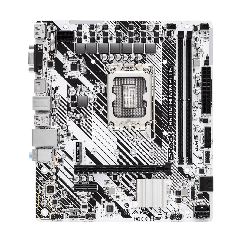 Emaplaat ASRock H610M-HDV/M.2+ D5 — Intel H610, LGA 1700, microATX, 2× DDR5 DIMM, M.2, HDMI 2.1, DP 1.4