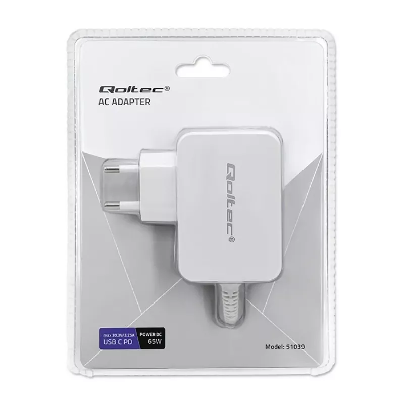 Toiteadapter QOLTEC 51039 65W AC-to-DC 220–240V 20.3V/3.25A Type C valge, 1.7 m kaabel