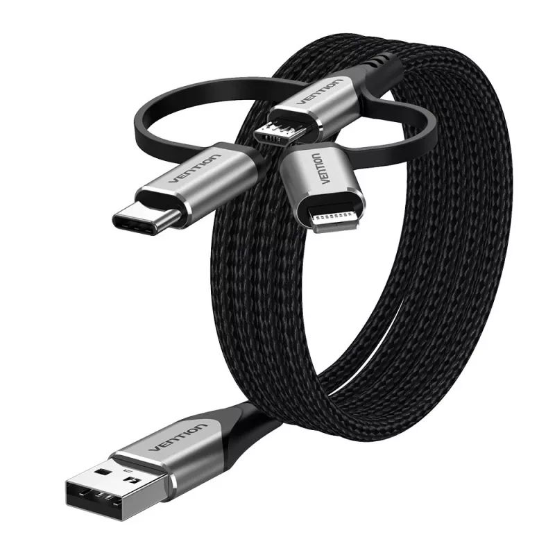 Vention USB 2.0 A isane 3-in-1 Micro-B&USB-C&Lightning isasele kaablile 1M Hall alumiiniumsulamist tüüp