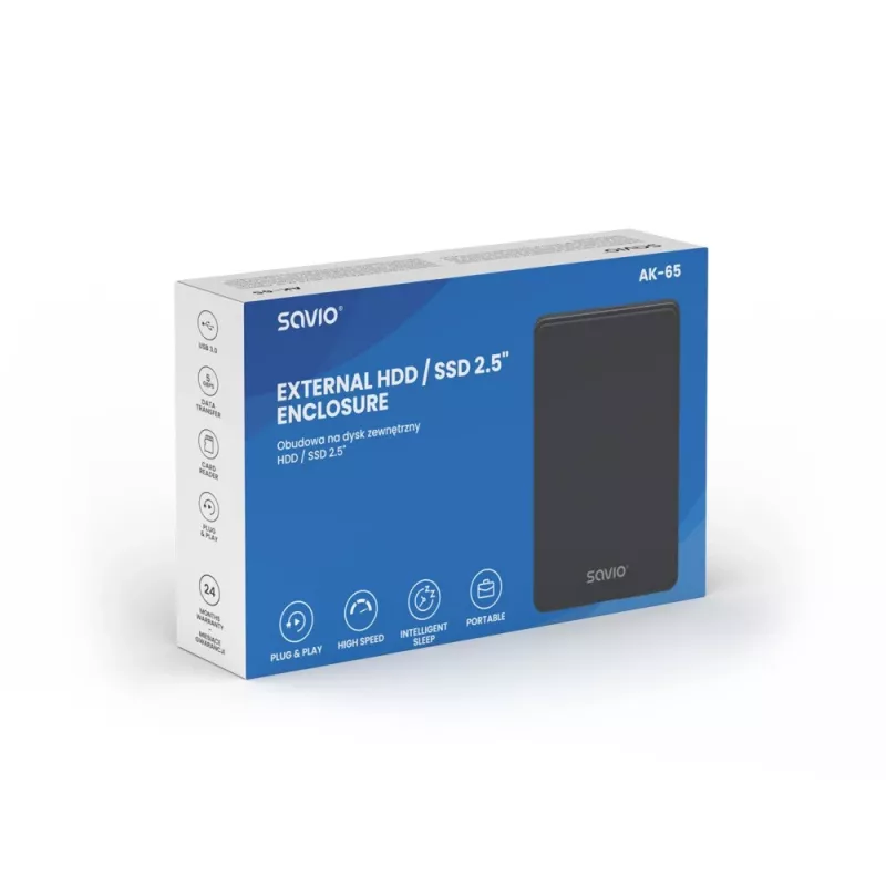 HDD/SSD korpus SAVIO AK-65 Must 2,5-tolline SATA USB 3.0 5 Gbit/s Mikro-USB
