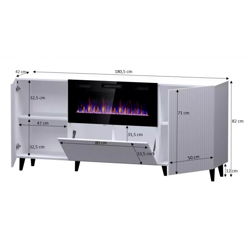 Sahtlitega kapp elektrikaminaga Cama Meble PAFOS 180x42x82 cm matt must, 3 ust, 2 riiulit, 1400–1600 W