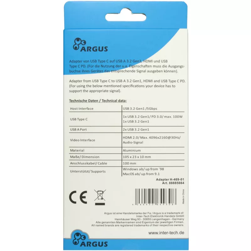 USB-jaotur Inter-Tech H-469-1 Type-C 5000 Mbit/s HDMI