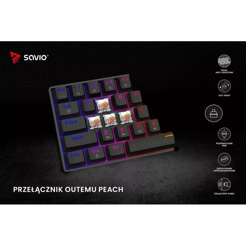 Mehaaniline mänguriklaviatuur SAVIO MustOUT X2 PEACH — 61 klahvi, 60%, QWERTY, RGB LED, hot-swap, USB Type-A/USB-C, eemaldatav kaabel