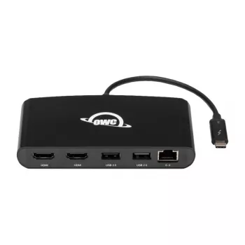 OWC Thunderbolt 3 Mini dokkimisjaam, 5 porti, ühendab kuni kaks 4K-kuvarit, Gigabit Etherneti ühendus, integreeritud kaabel