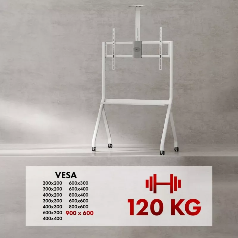Põranda TV-alus MACLEAN MC-114 W ekraanidele 55 tolli kuni 100 tolli, valge, VESA kuni 900x600, max koormus 120 kg, kõrgus 115–152 cm, riiul