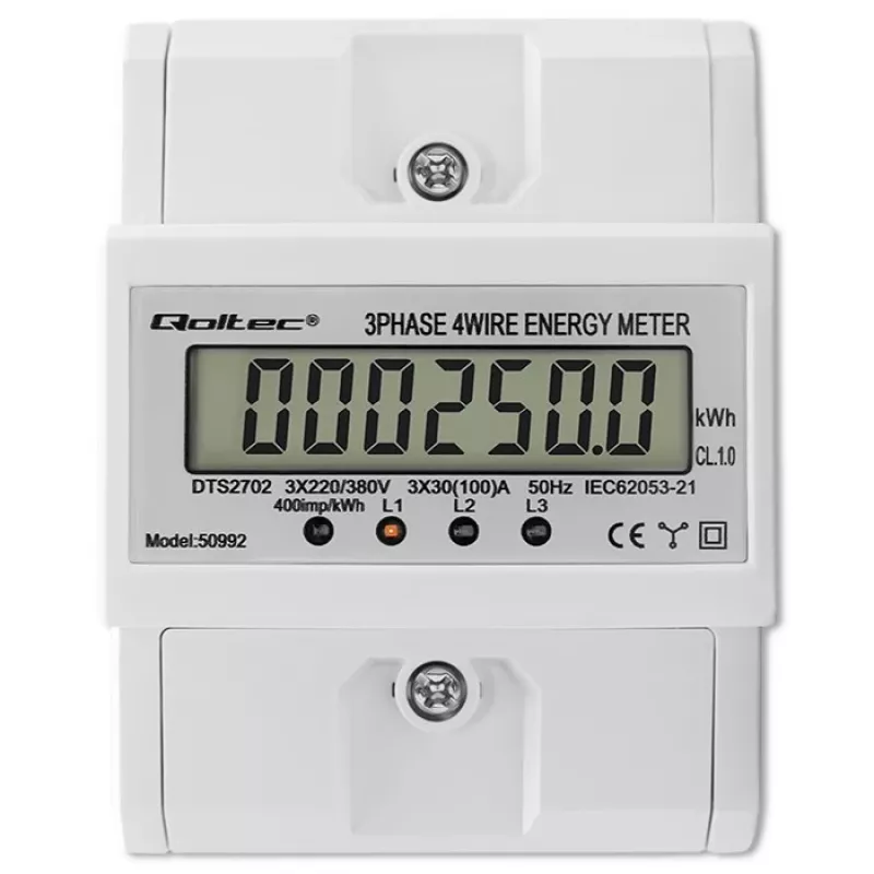 Kolmefaasiline elektrooniline arvesti QOLTEC 50992 400V 100A