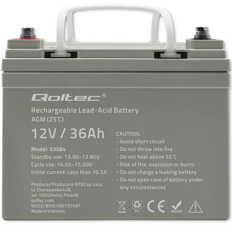 Suletud AGM UPS-aku QOLTEC 53084 12V 36Ah LongLife
