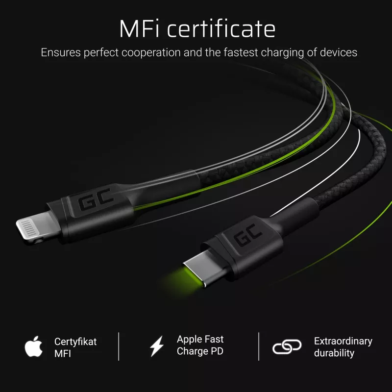 Lightning to USB‑C kaabel roheline Cell KABGC07, 1 m, must, Lightning (isane) to USB‑C (isane), 480 Mbps