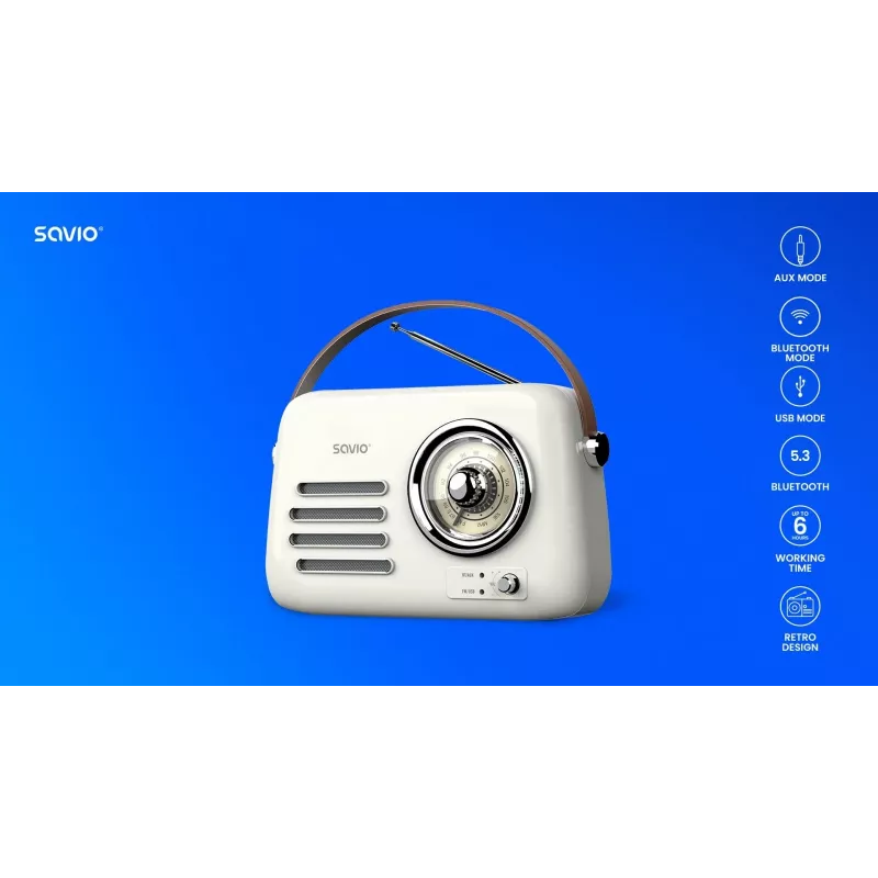Kaasaskantav raadio SAVIO RS-02 — analoog-FM-tuuner, Bluetooth 5.3, USB-toide, 3 W, valge