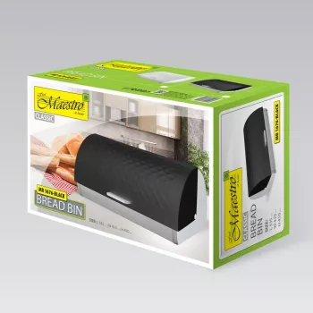 Lauapealne leivakarp Maestro MR-1676 Must — roostevaba teras, hingedega kaas, 385×255×190 mm