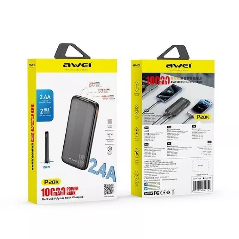 Awei PowerBank P20K 10000mAh Must/Must (10000mAh), Powerbank, Must