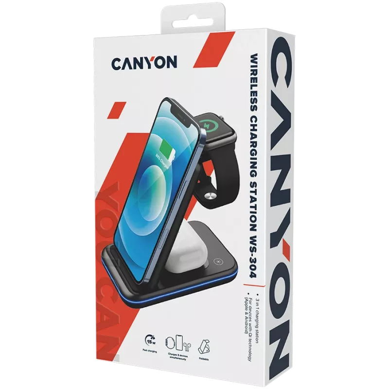 CANYON juhtmevaba laadija WS-304 15W 3in1 Must