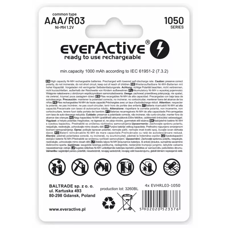 Laetavad AAA NiMH akud everActive EVHRL03-550 1,2 V 550 mAh 4 tk pakendis, silindrilised R03