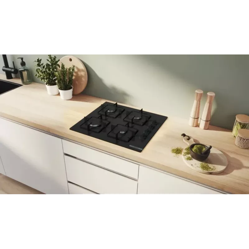 Sisseehitatav gaasipliit Bosch Serie 2 POP6B6K30 60 cm, 4 gaasitsooni, must klaaskeraamika, pöördnupud