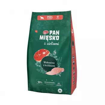 Kuiv koeratoit Pan Miesko Mr. Meat ürtidega veiseliha ja küülikuga M 20 kg kott, keskmist tõugu koertele, valk 30% rasv 20%