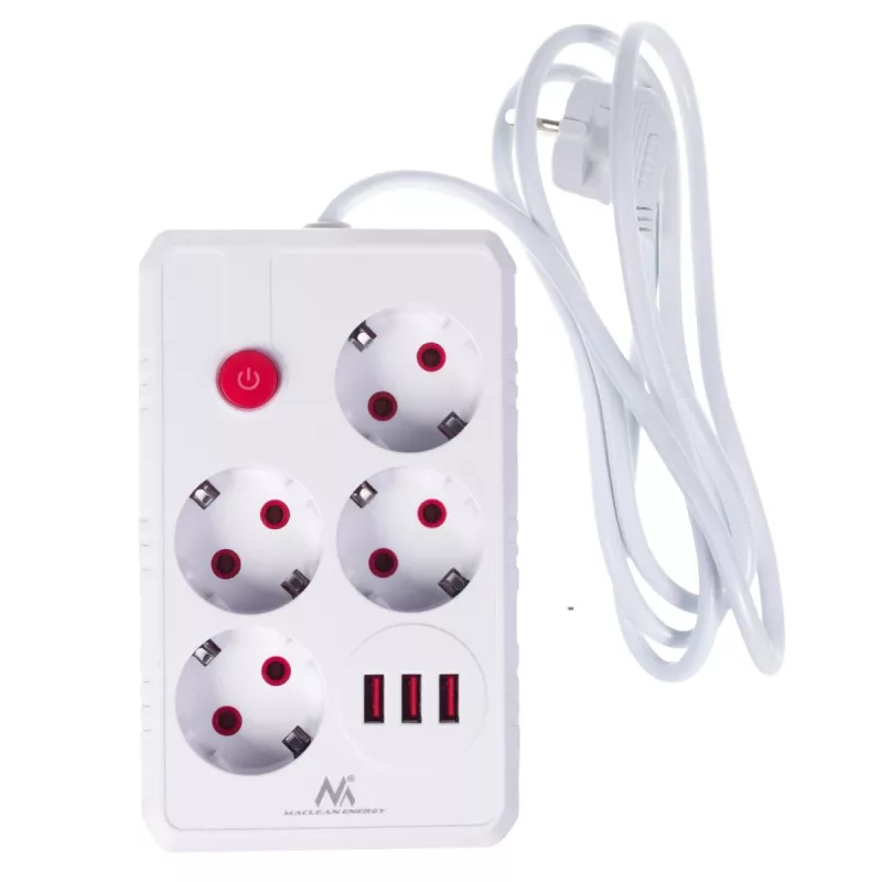 Pikendusjuhe MACLEAN MCE392 W — 4 F-pesa, 3×USB A, 110–240V, 2,1A max, 2500W, 1,5 m kaabel, valge