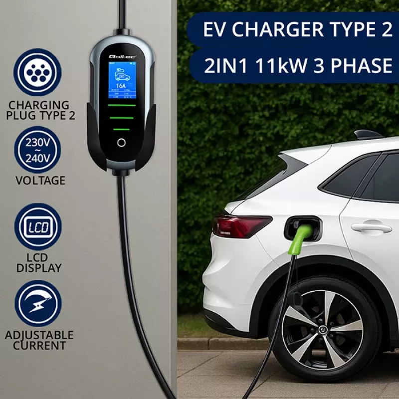 Elektriauto laadija QOLTEC Mobile EV 2in1 Type2 11 kW 400 V Wi‑Fi TUYA SMART LIFE LCD kaasaskantav seinalaadija 5 m kaabel