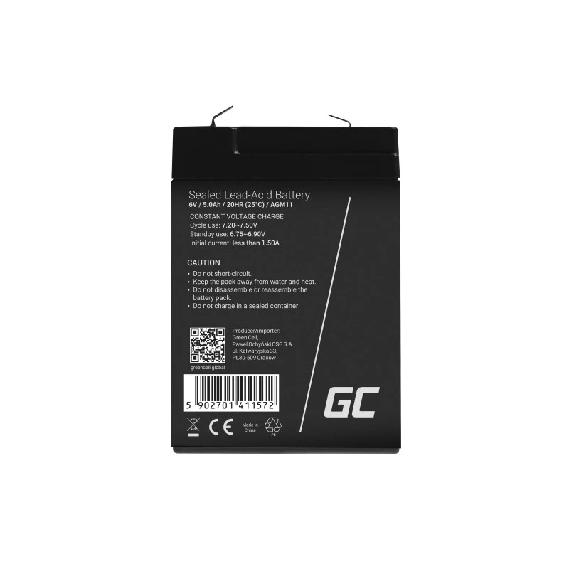 UPS aku roheline Cell AGM11 6 V 5 Ah suletud pliiaku (VRLA) üksik aku, 70×100×47 mm, 780 g