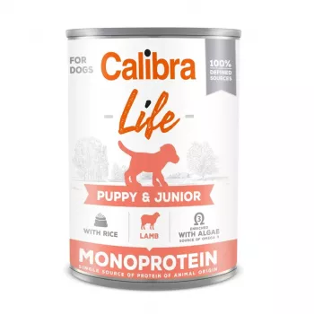 Märg koeratoit Calibra Puppy & Junior Lamb & Rice — 400 g, täisväärtuslik märgtoit allergilistele kutsikatele, valk 9,5%, rasv 7,5%