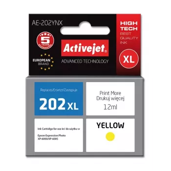 Tindikassett ActiveJet AE-202YNX kollane, ühildub Epson 202XL, 12 ml värvipõhine, kõrge (XL) mahutavus, üksikpakend