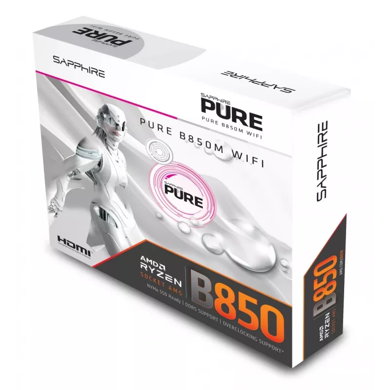 Emaplaat Sapphire PURE B850M WIFI Micro ATX — AMD B850, pesa AM5, DDR5 kuni 8000 MHz, 4 DIMM, Wi‑Fi 6, 2,5 Gb LAN, 2× M.2, PCIe 5.0 x16